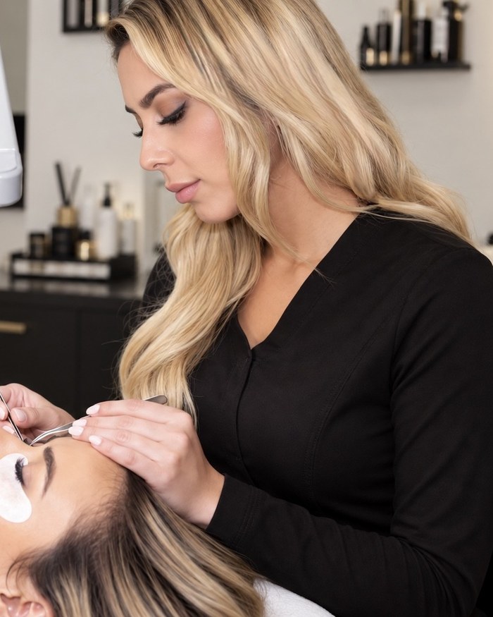 Andrea applying lash extensions to a client in her studio